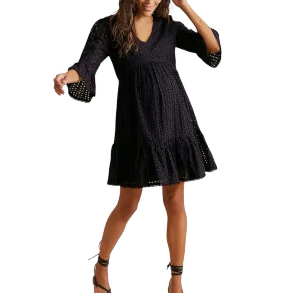 NEW Pea In The Pod Black Cotton Eyelet Babydoll Maternity Dress Women XL $108
